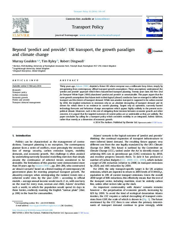 Beyond ‘predict and provide’: UK transport, the growth paradigm and climate change Thumbnail