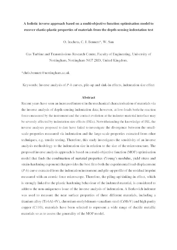 A holistic inverse approach based on a multi-objective function optimisation model to recover elastic-plastic properties of materials from the depth-sensing indentation test Thumbnail