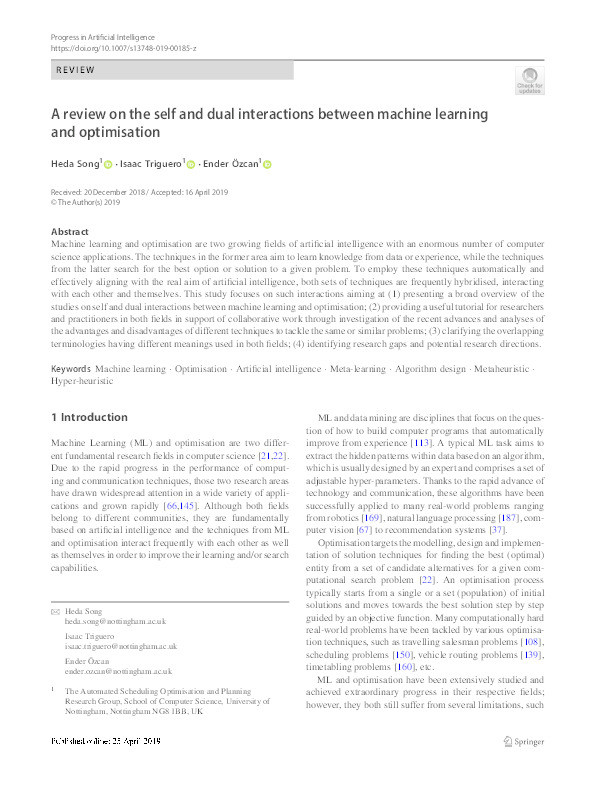 A review on the self and dual interactions between machine learning and optimisation Thumbnail