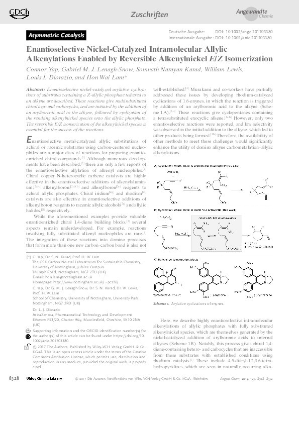 Enantioselective Nickel-Catalyzed Intramolecular Allylic Alkenylations Enabled by Reversible Alkenylnickel E
/Z
 Isomerization Thumbnail