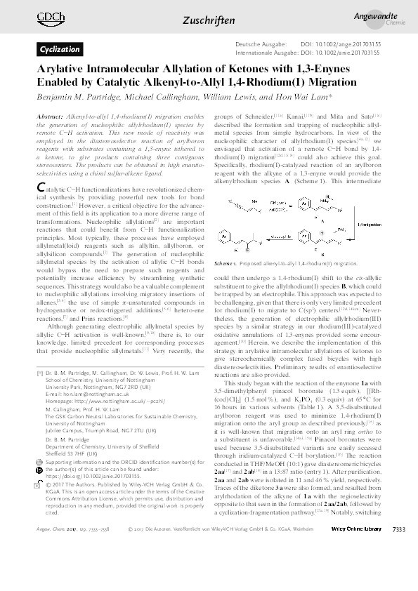 Arylative Intramolecular Allylation of Ketones with 1,3-Enynes Enabled by Catalytic Alkenyl-to-Allyl 1,4-Rhodium(I) Migration Thumbnail