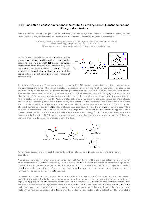 PdII-Mediated Oxidative Amination for Access to a 9-Azabicyclo[4.2.1]nonane Compound Library and Anatoxin-a Thumbnail