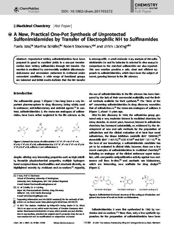 A New, Practical One-Pot Synthesis of Unprotected Sulfonimidamides by Transfer of Electrophilic NH to Sulfinamides Thumbnail