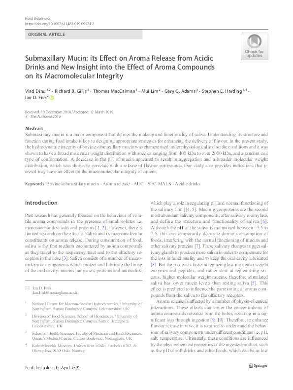 Submaxillary Mucin: its Effect on Aroma Release from Acidic Drinks and New Insight into the Effect of Aroma Compounds on its Macromolecular Integrity Thumbnail