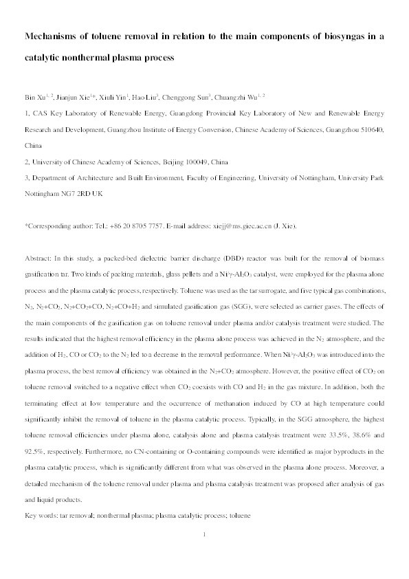 Mechanisms of Toluene Removal in Relation to the Main Components of Biosyngas in a Catalytic Nonthermal Plasma Process Thumbnail