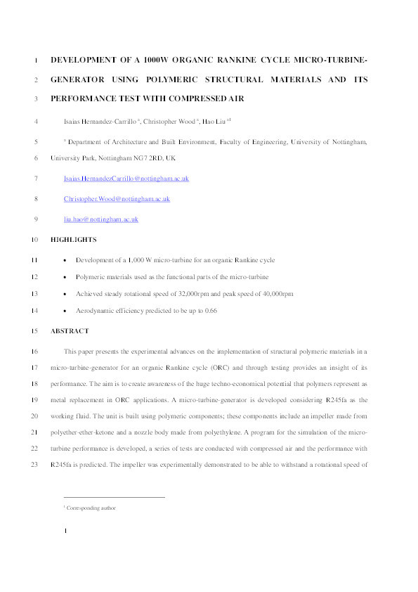 Development of a 1000 W organic Rankine cycle micro-turbine-generator using polymeric structural materials and its performance test with compressed air Thumbnail