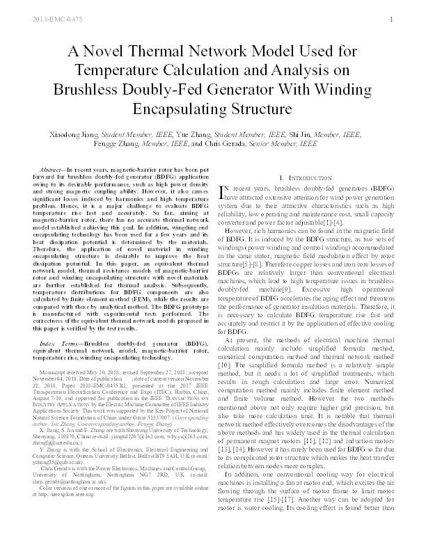 A Novel Thermal Network Model Used for Temperature Calculation and Analysis on Brushless Doubly-Fed Generator With Winding Encapsulating Structure Thumbnail