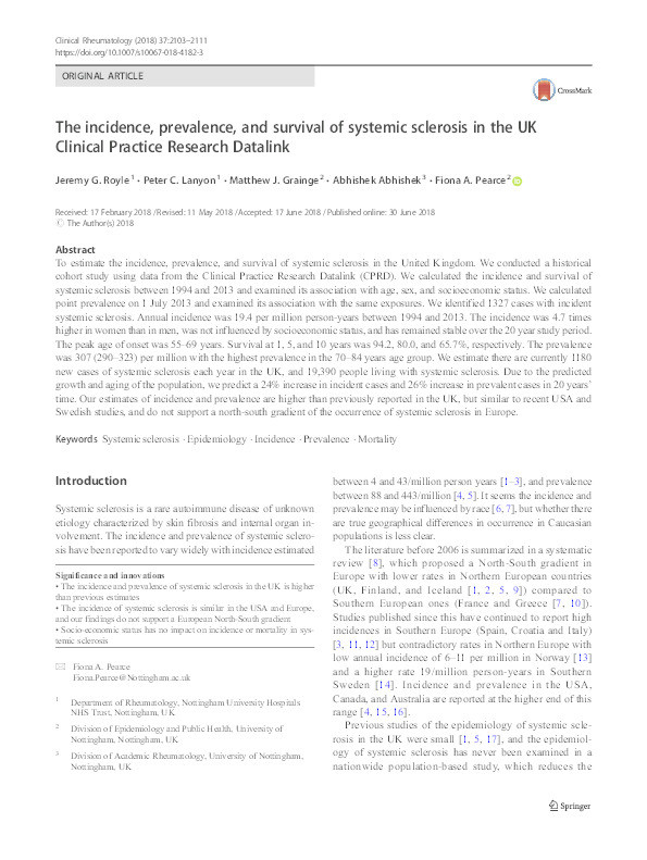 The incidence, prevalence, and survival of systemic sclerosis in the UK Clinical Practice Research Datalink Thumbnail