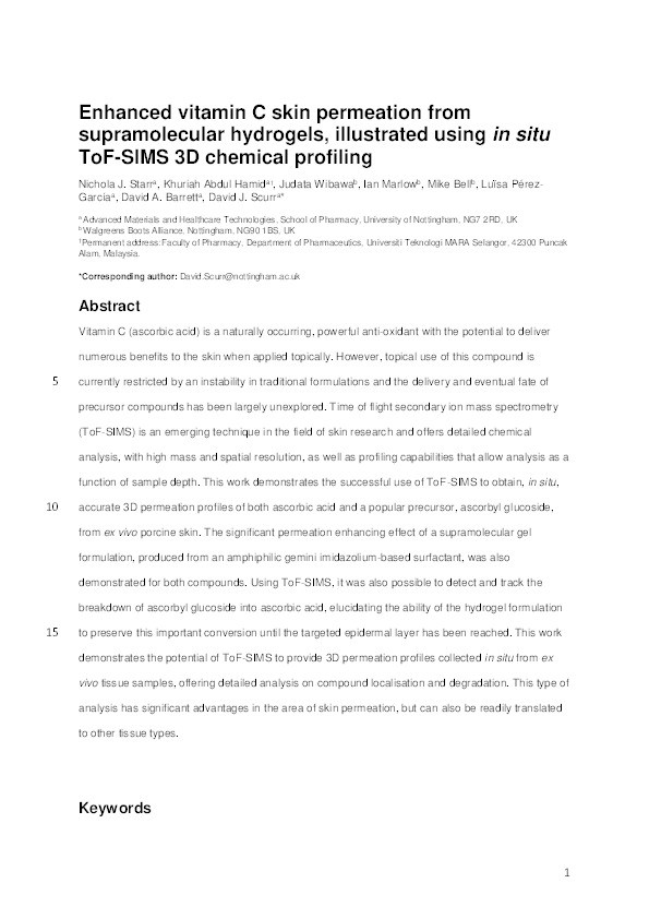 Enhanced vitamin C skin permeation from supramolecular hydrogels, illustrated using in situ ToF-SIMS 3D chemical profiling Thumbnail