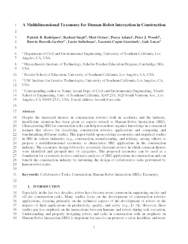A multidimensional taxonomy for human-robot interaction in construction Thumbnail