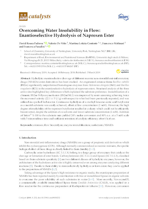 Overcoming Water Insolubility in Flow: Enantioselective Hydrolysis of Naproxen Ester Thumbnail