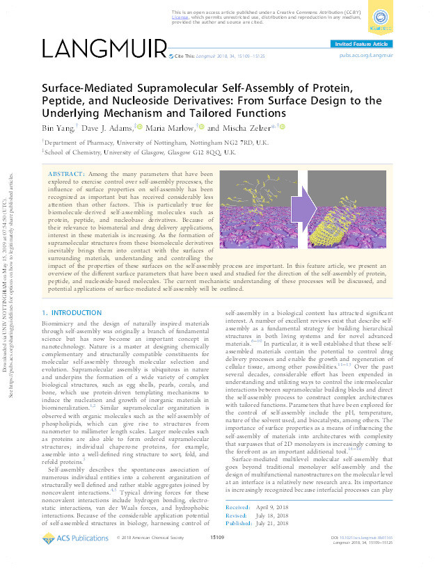 Surface-Mediated Supramolecular Self-Assembly of Protein, Peptide, and Nucleoside Derivatives: From Surface Design to the Underlying Mechanism and Tailored Functions Thumbnail