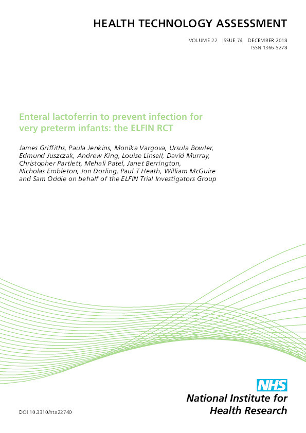 Enteral lactoferrin to prevent infection for very preterm infants: the ELFIN RCT Thumbnail