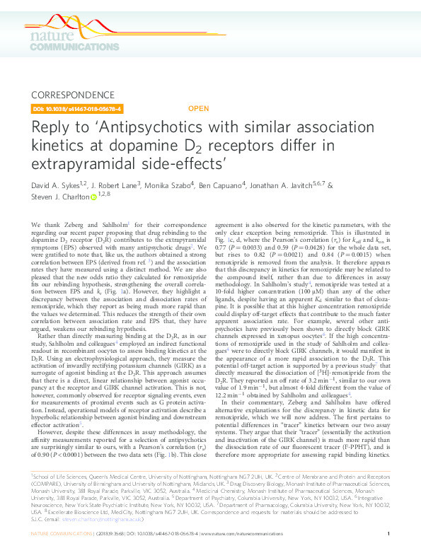 Reply to ‘Antipsychotics with similar association kinetics at dopamine D2 receptors differ in extrapyramidal side-effects’ Thumbnail