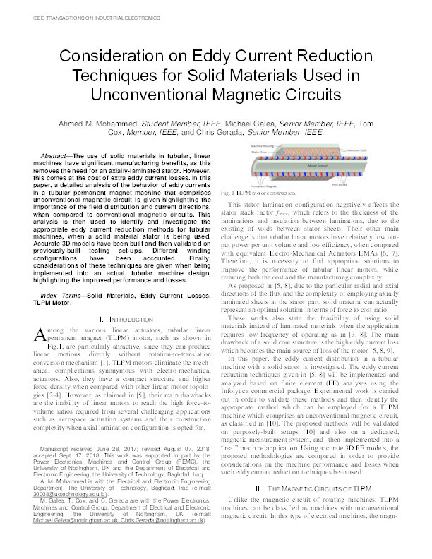 Consideration on Eddy Current Reduction Techniques for Solid Materials Used in Unconventional Magnetic Circuits Thumbnail