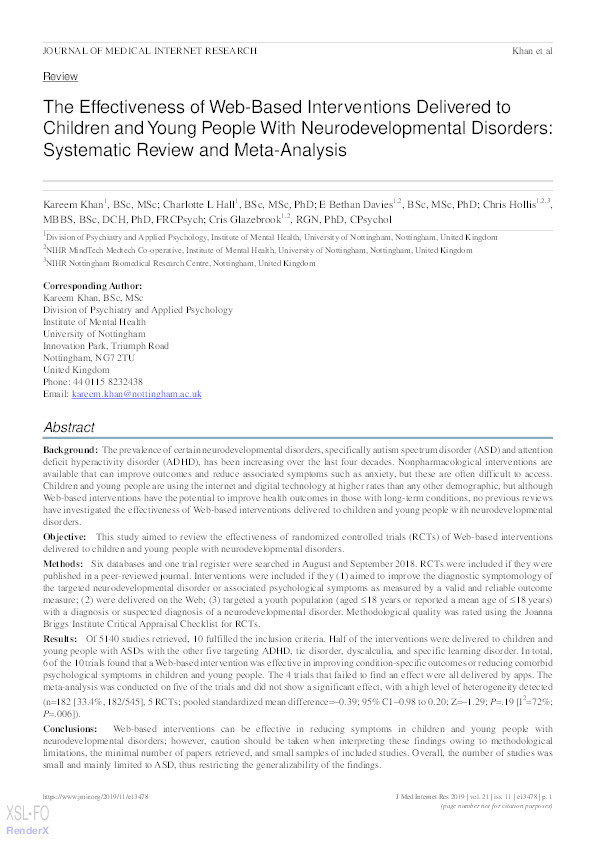The Effectiveness of Web-Based Interventions Delivered to Children and Young People With Neurodevelopmental Disorders: Systematic Review and Meta-Analysis Thumbnail