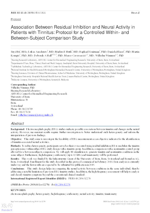 Association Between Residual Inhibition and Neural Activity in Patients with Tinnitus: Protocol for a Controlled Within- and Between-Subject Comparison Study Thumbnail
