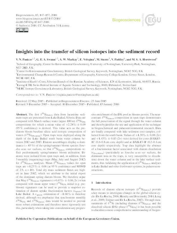 Insights into the transfer of silicon isotopes into the sediment record Thumbnail