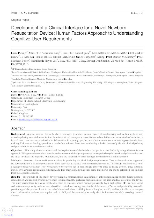 Development of a Clinical Interface for a Novel Newborn Resuscitation Device: Human Factors Approach to Understanding Cognitive User Requirements Thumbnail