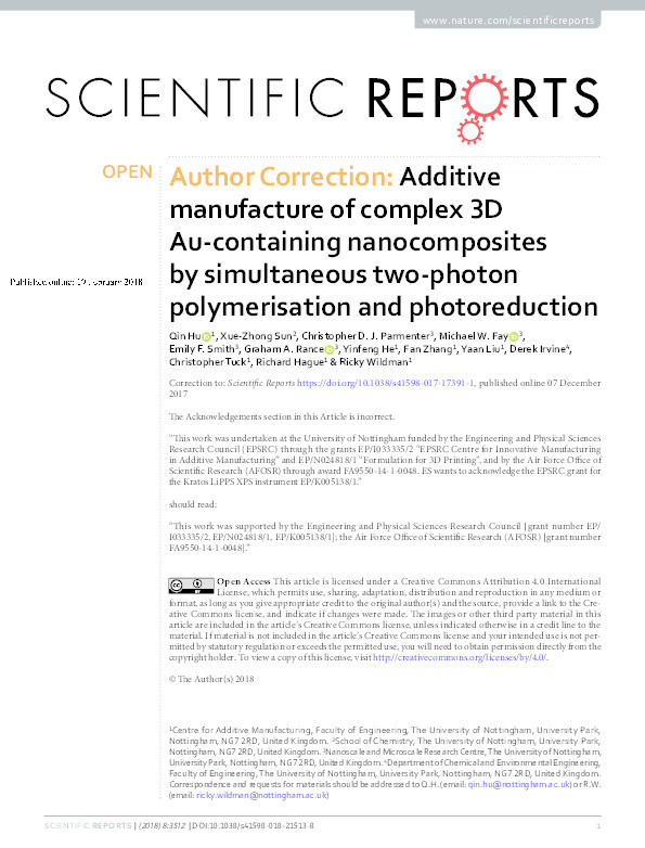 Author Correction: Additive manufacture of complex 3D Au-containing nanocomposites by simultaneous two-photon polymerisation and photoreduction Thumbnail