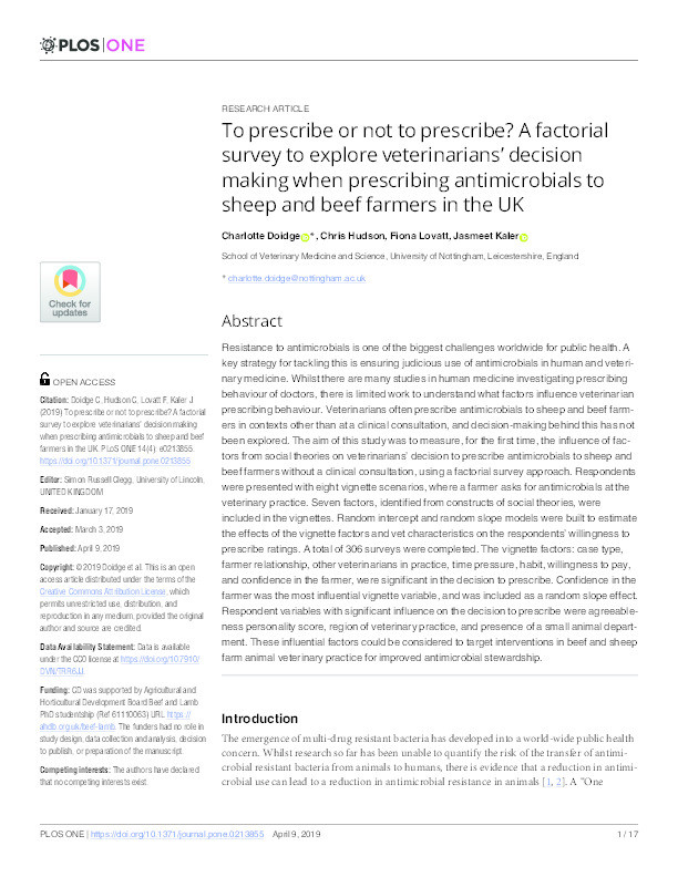 To prescribe or not to prescribe? A factorial survey to explore veterinarians’ decision making when prescribing antimicrobials to sheep and beef farmers in the UK Thumbnail