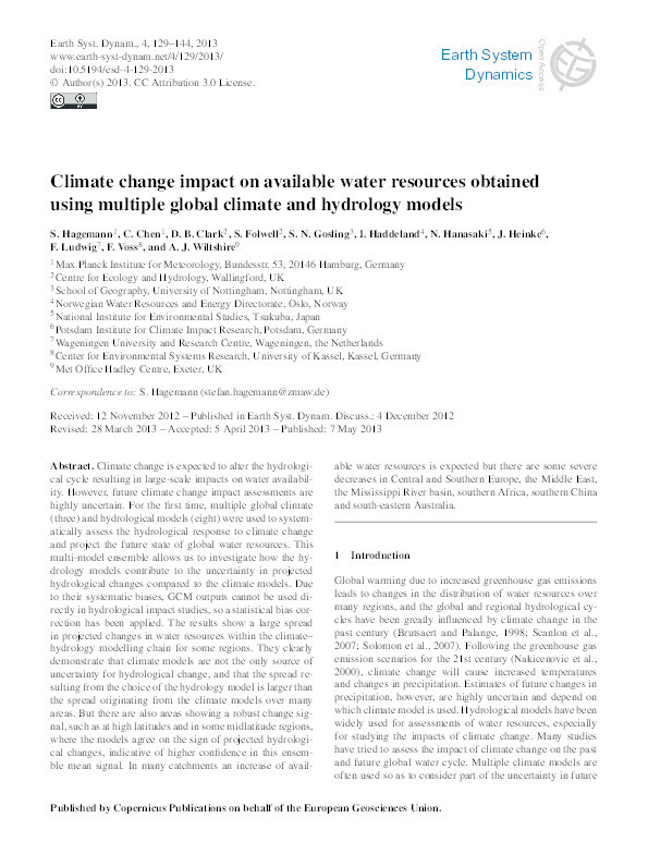 Climate change impact on available water resources obtained using multiple global climate and hydrology models Thumbnail