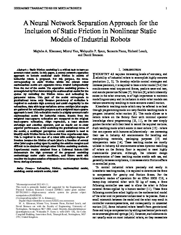 A Neural Network Separation Approach for the Inclusion of Static Friction in Nonlinear Static Models of Industrial Robots Thumbnail