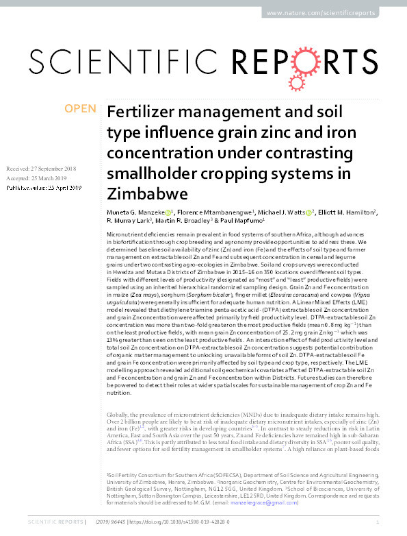 Fertilizer management and soil type influence grain zinc and iron concentration under contrasting smallholder cropping systems in Zimbabwe Thumbnail