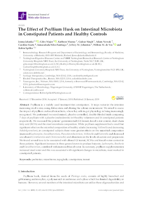 The Effect of Psyllium Husk on Intestinal Microbiota in Constipated Patients and Healthy Controls Thumbnail