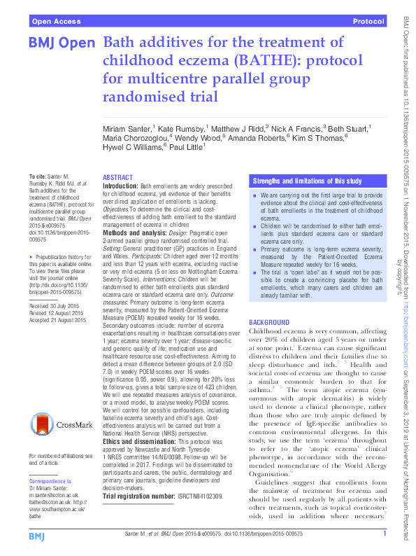 Bath additives for the treatment of childhood eczema (BATHE): protocol for multicentre parallel group randomised trial Thumbnail