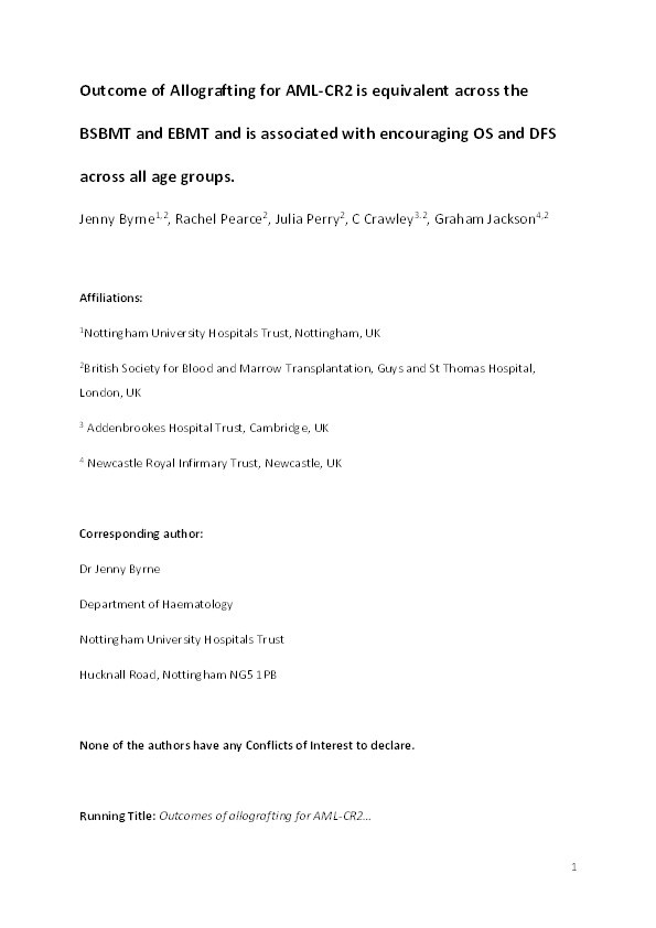 Outcome of allografting for AML-CR2 is equivalent across BSBMT and EBMT and is associated with encouraging OS and DFS across all age groups Thumbnail