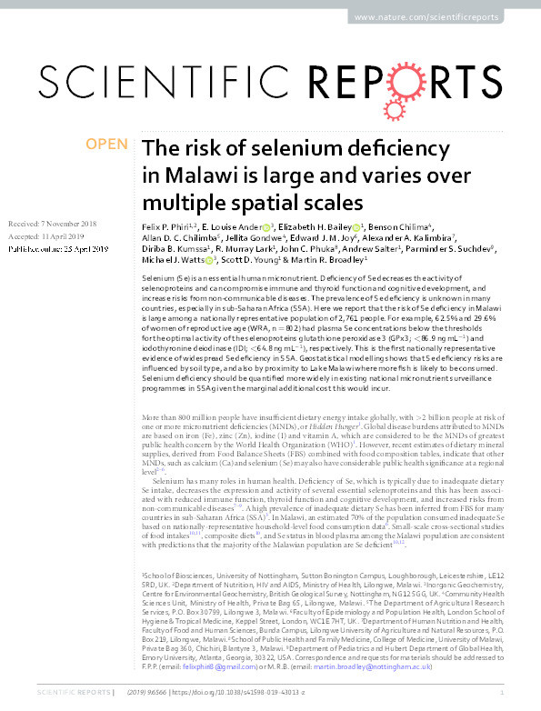 The risk of selenium deficiency in Malawi is large and varies over multiple spatial scales Thumbnail