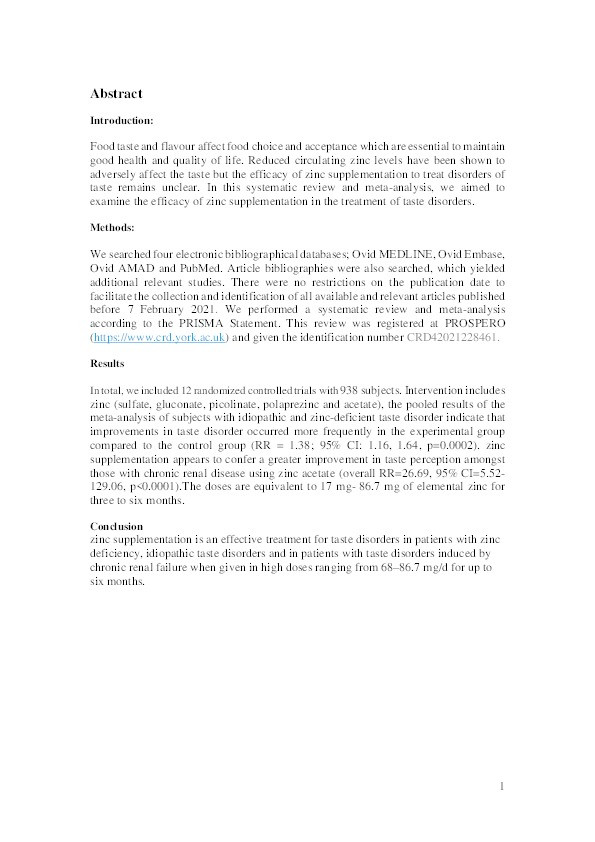 The Effectiveness of Zinc Supplementation in Taste Disorder Treatment: A Systematic Review and Meta-Analysis of Randomized Controlled Trials Thumbnail