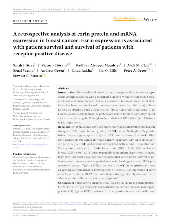 A retrospective analysis of ezrin protein and mRNA expression in breast cancer: Ezrin expression is associated with patient survival and survival of patients with receptor-positive disease Thumbnail