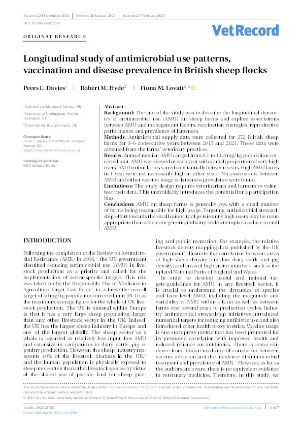 Longitudinal study of antimicrobial use patterns, vaccination and disease prevalence in British sheep flocks Thumbnail