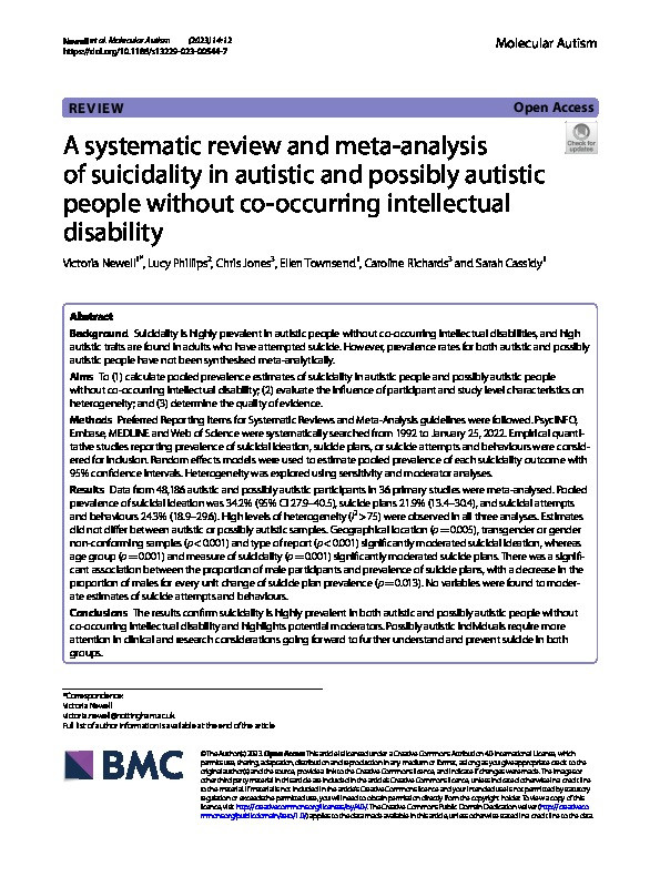 A systematic review and meta-analysis of suicidality in autistic and possibly autistic people without co-occurring intellectual disability Thumbnail
