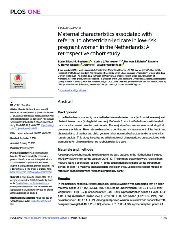 Maternal characteristics associated with referral to obstetrician-led care in low-risk pregnant women in the Netherlands: A retrospective cohort study Thumbnail