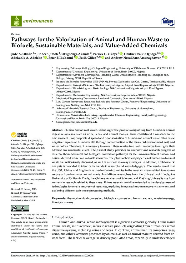 Pathways for the Valorization of Animal and Human Waste to Biofuels, Sustainable Materials, and Value-Added Chemicals Thumbnail