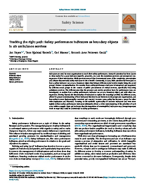 Tracking the right path: Safety performance indicators as boundary objects in air ambulance services Thumbnail