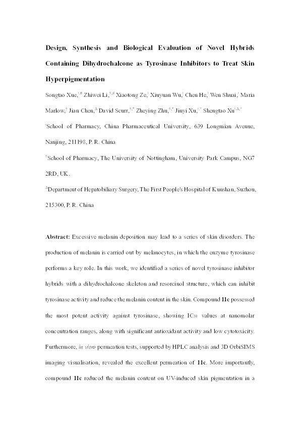 Design, Synthesis, and Biological Evaluation of Novel Hybrids Containing Dihydrochalcone as Tyrosinase Inhibitors to Treat Skin Hyperpigmentation Thumbnail