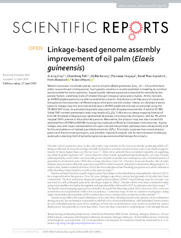 Linkage-based genome assembly improvement of oil palm (Elaeis guineensis) Thumbnail