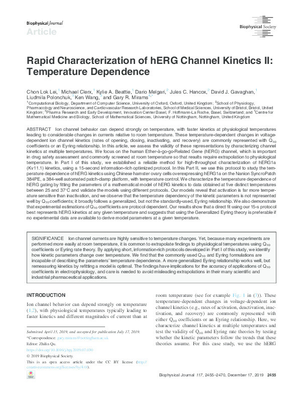 Rapid characterisation of hERG channel kinetics II: temperature dependence Thumbnail