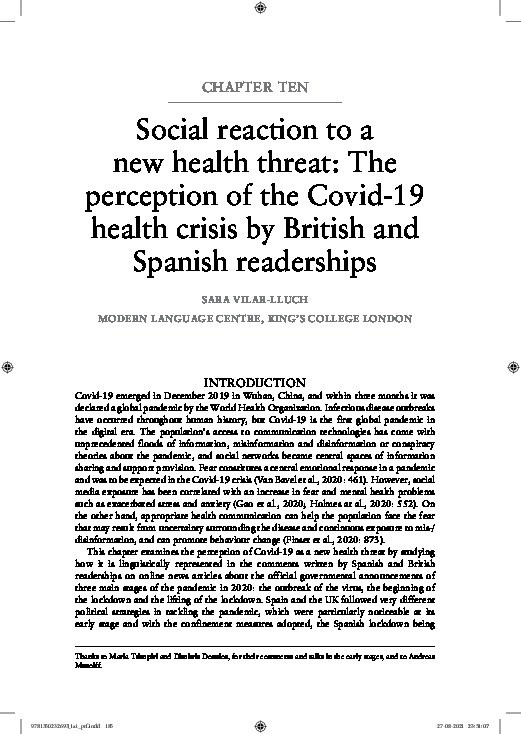 Social reaction to a new health threat: The perception of the Covid-19 health crisis by British and Spanish readerships Thumbnail