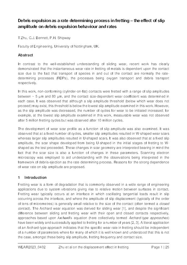 Debris expulsion as a rate determining process in fretting – The effect of slip amplitude on debris expulsion behaviour and rates Thumbnail