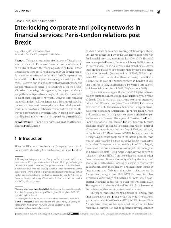 Interlocking corporate and policy networks in financial services: Paris-London relations post Brexit Thumbnail