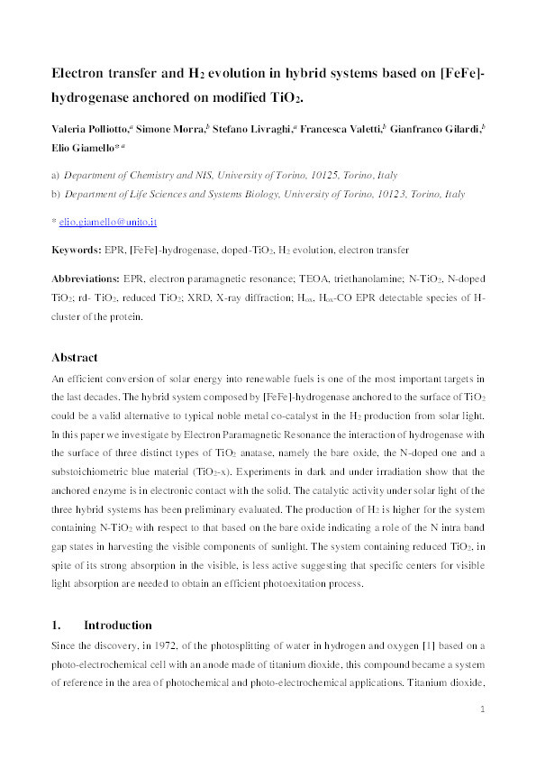 Electron transfer and H2 evolution in hybrid systems based on [FeFe]-hydrogenase anchored on modified TiO2 Thumbnail