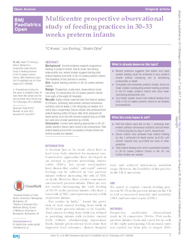 Multicentre prospective observational study of feeding practices in 30–33 weeks preterm infants Thumbnail