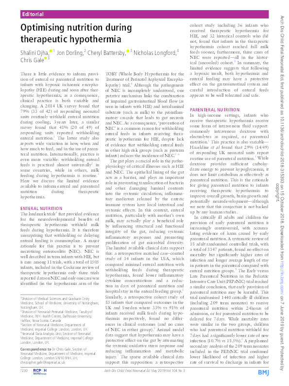 Optimising nutrition during therapeutic hypothermia Thumbnail