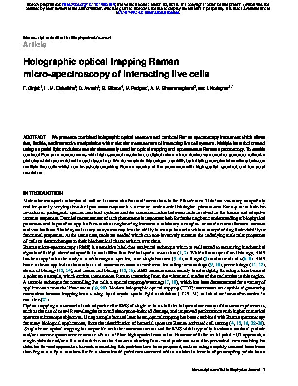 Holographic optical trapping Raman micro-spectroscopy for interacting live cells Thumbnail