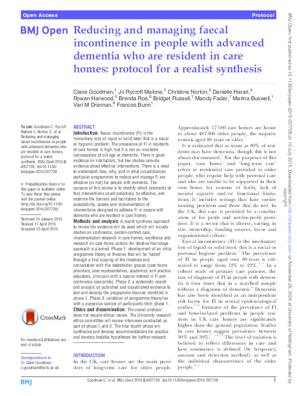 Reducing and managing faecal incontinence in people with advanced dementia who are resident in care homes: protocol for a realist synthesis Thumbnail